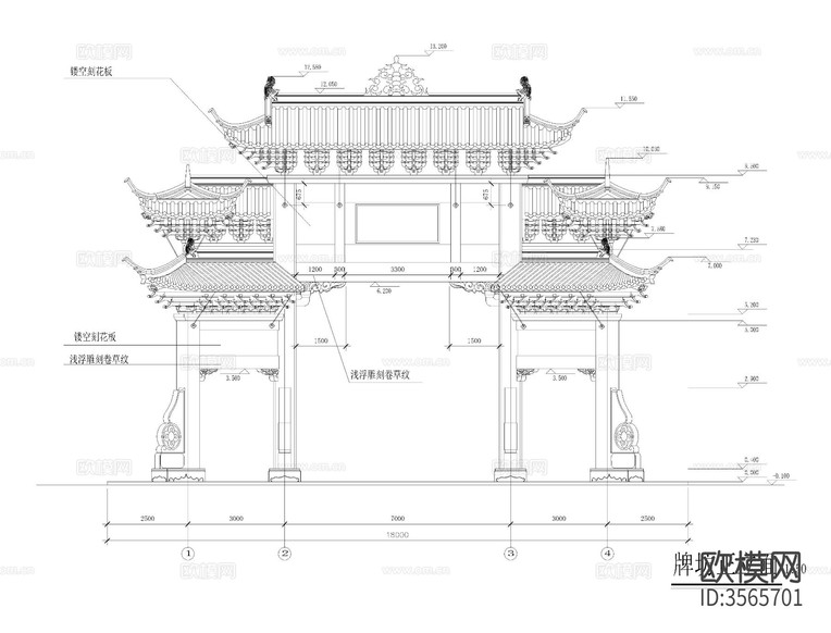 中式建筑牌坊牌樓CAD施工圖下載(渲染圖9)