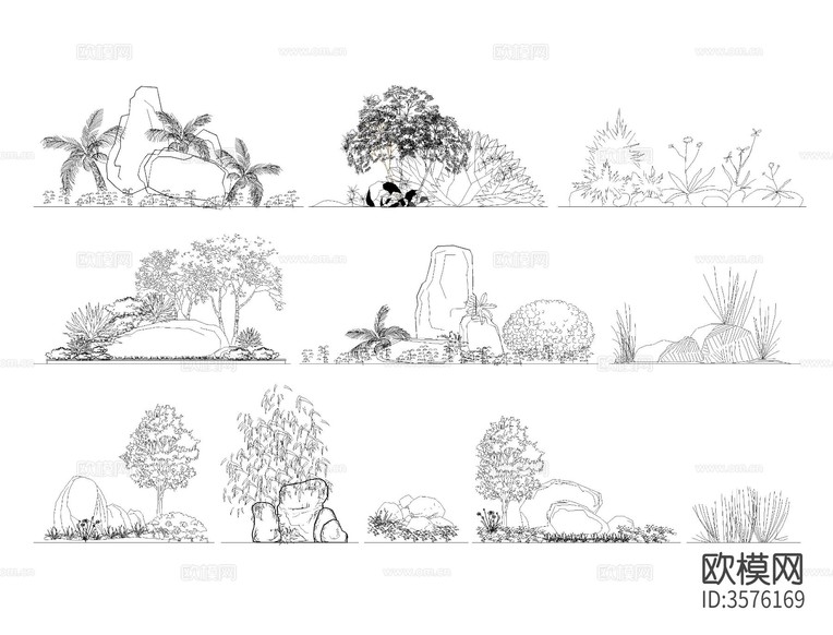 景观立面植物CAD图库下载(渲染图1)