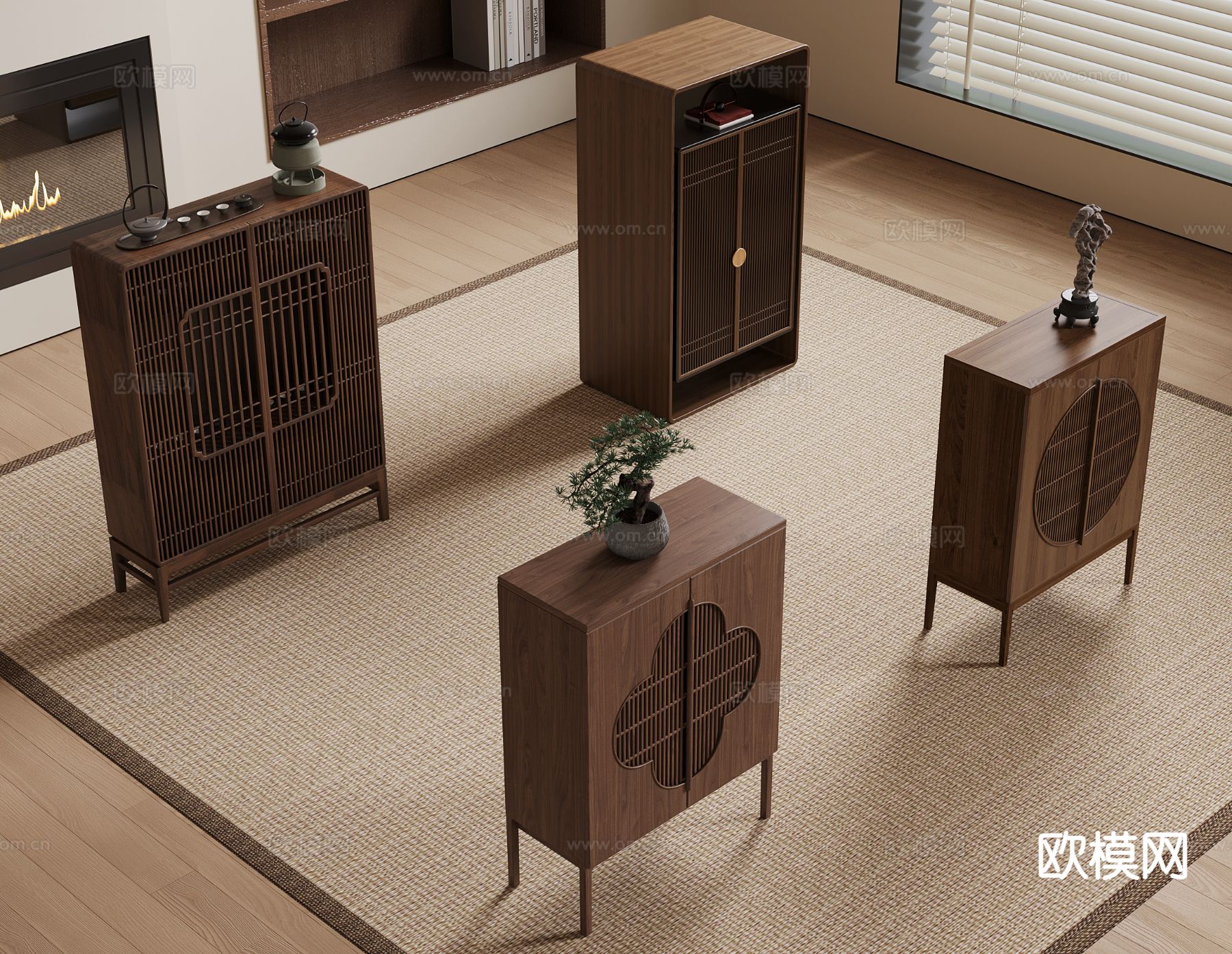 新中式玄关柜 高柜 边柜su模型下载（渲染图2）