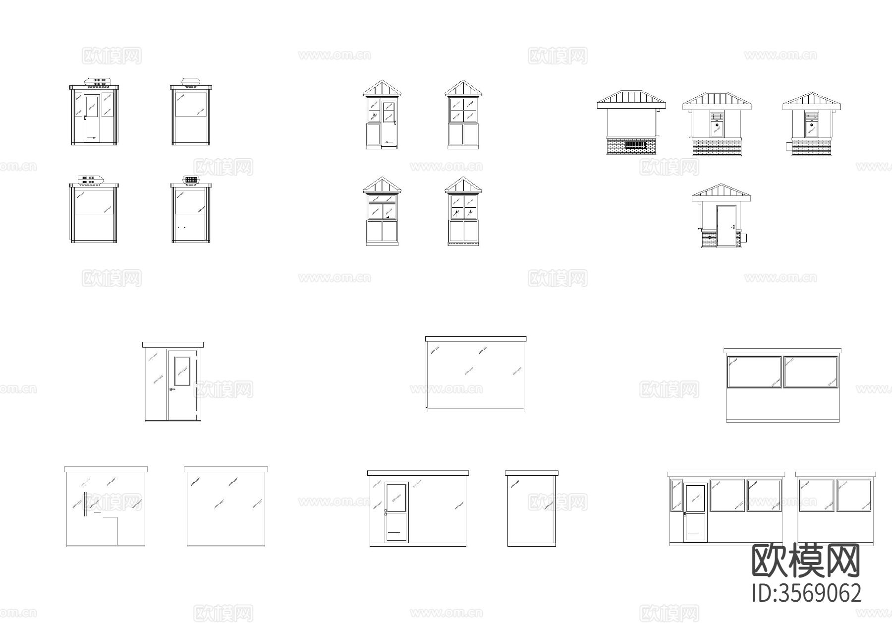 保安亭 售卖亭 岗亭立面cad图库下载（渲染图3）