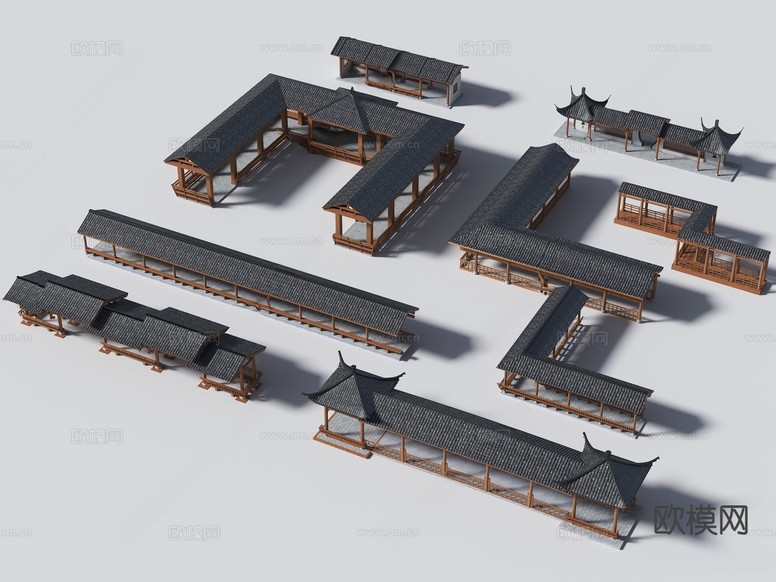中式长廊小品 廊亭3d模型下载