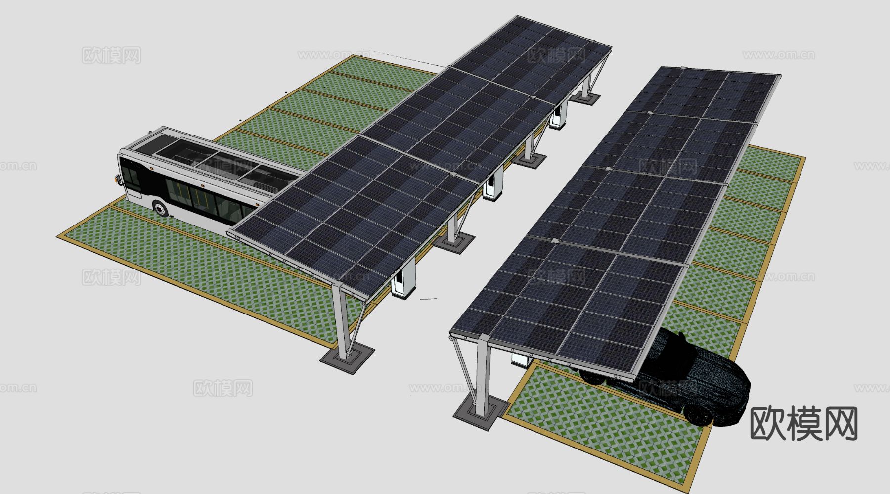 太阳能车棚 太阳能停车场su模型下载（渲染图1）