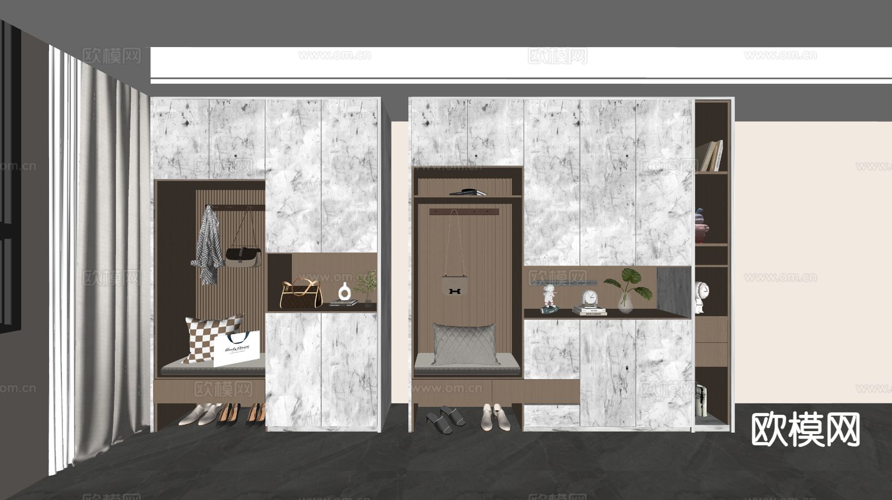 玄关鞋柜 入户鞋柜 换鞋凳su模型下载（渲染图1）