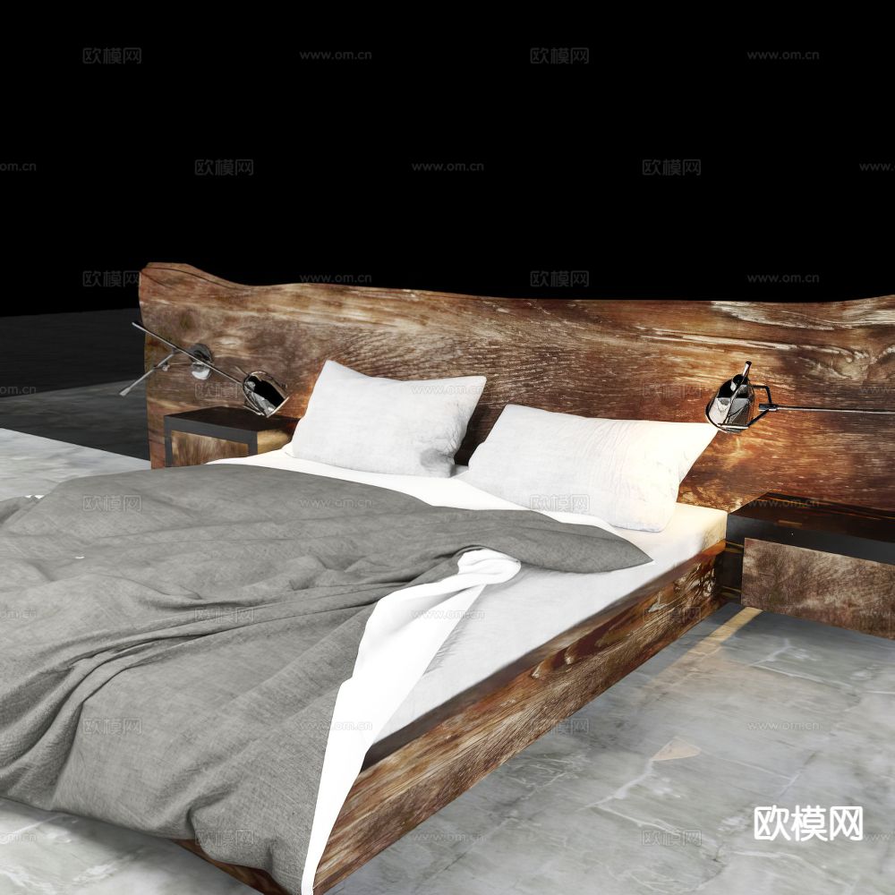 原木风双人床3d模型下载（渲染图3）