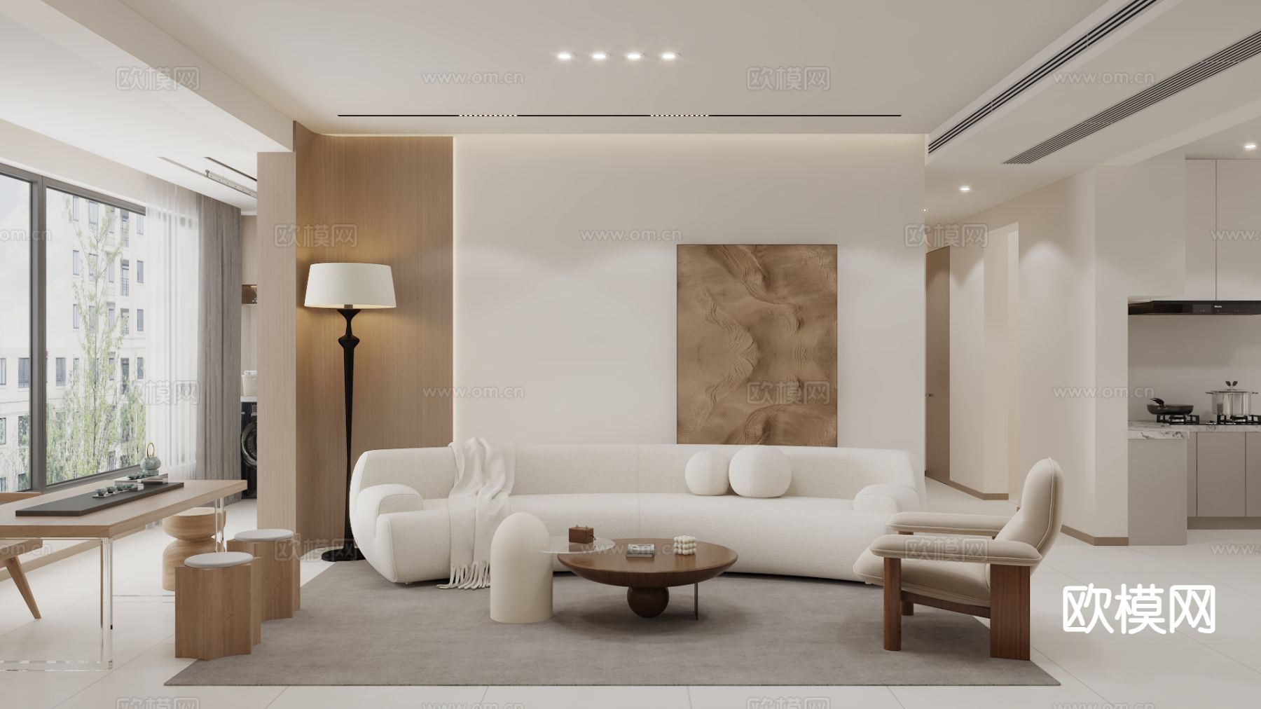 奶油风客餐厅3d模型下载（渲染图1）