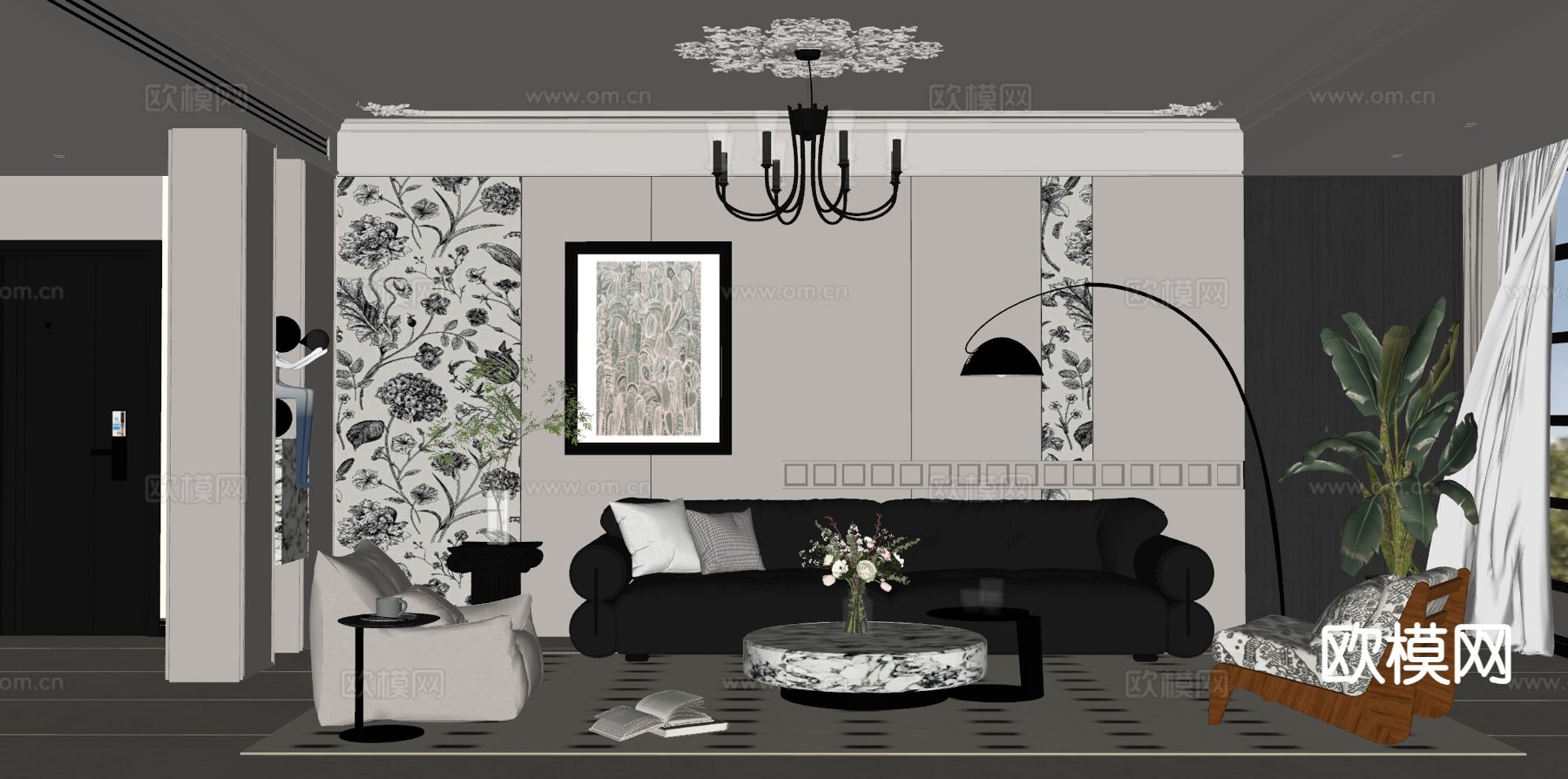 法式客厅su模型下载（渲染图1）