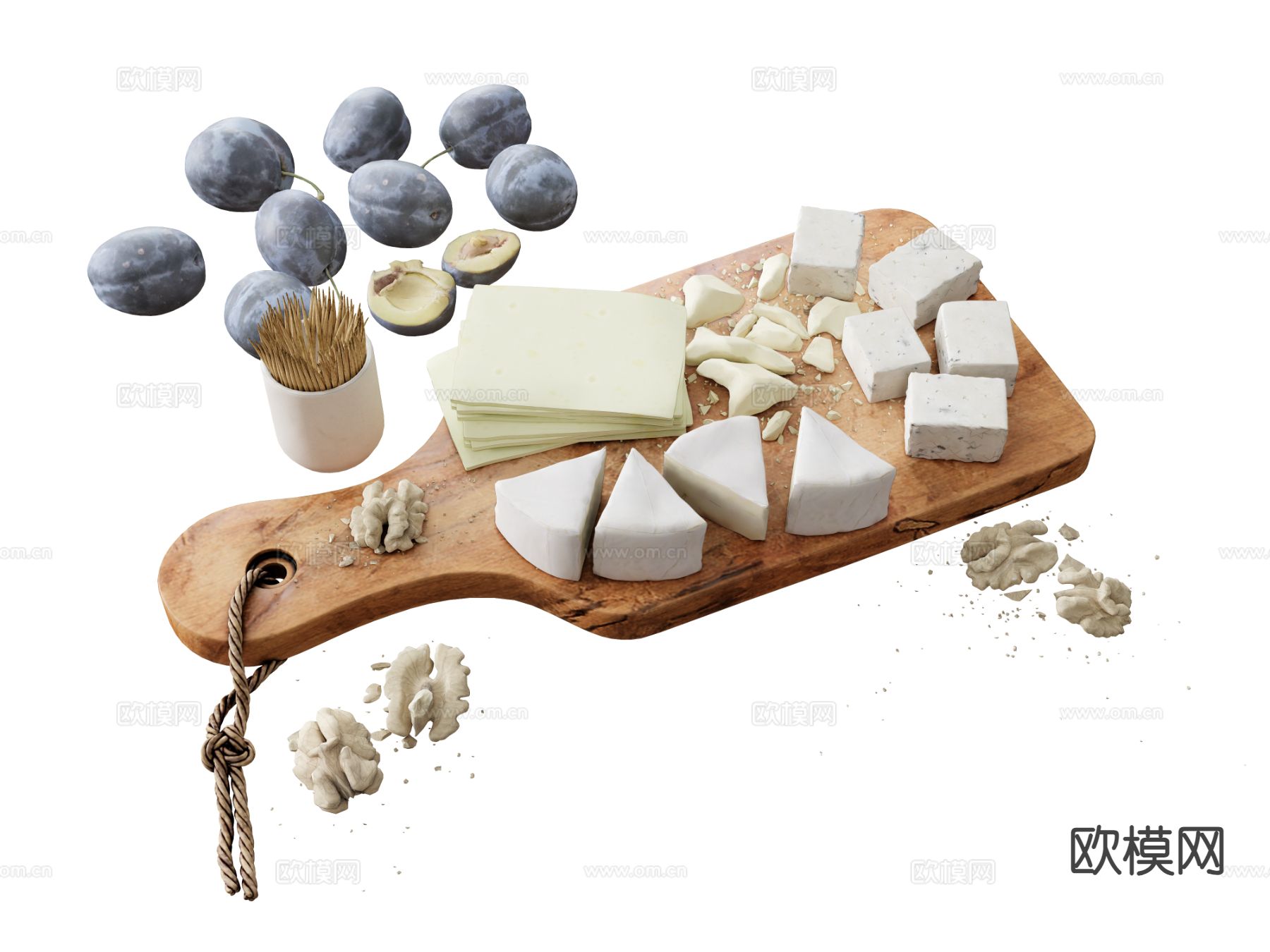 食物西梅 核桃  砧板 奶酪麻绳su模型下载（渲染图2）