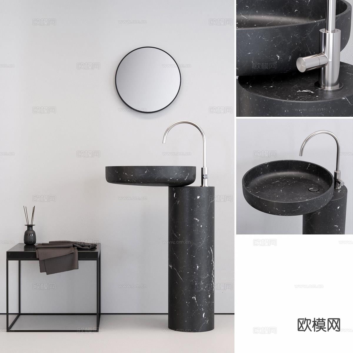 立式台盆 洗手台 柱盆 浴室镜su模型下载（渲染图2）