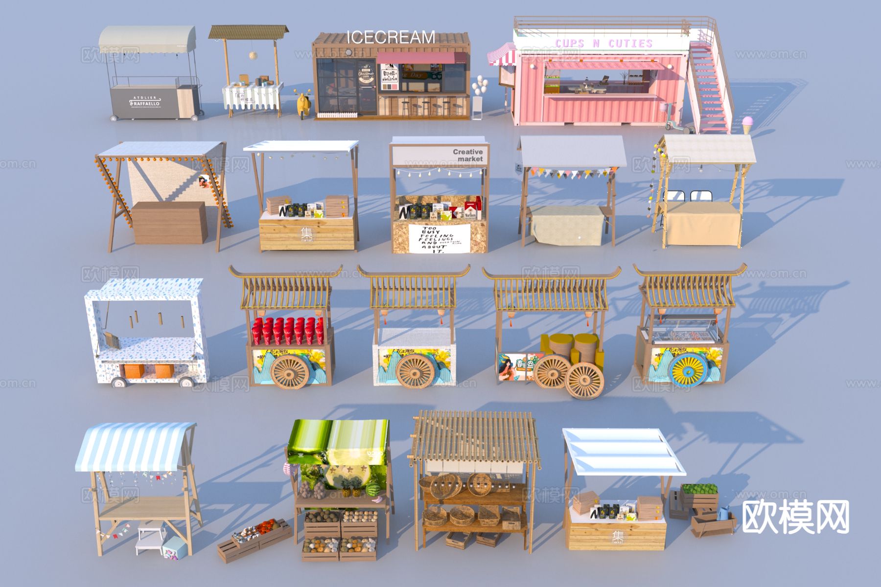 现代网红摊位 小吃车 售货亭 售卖车 小吃摊3d模型