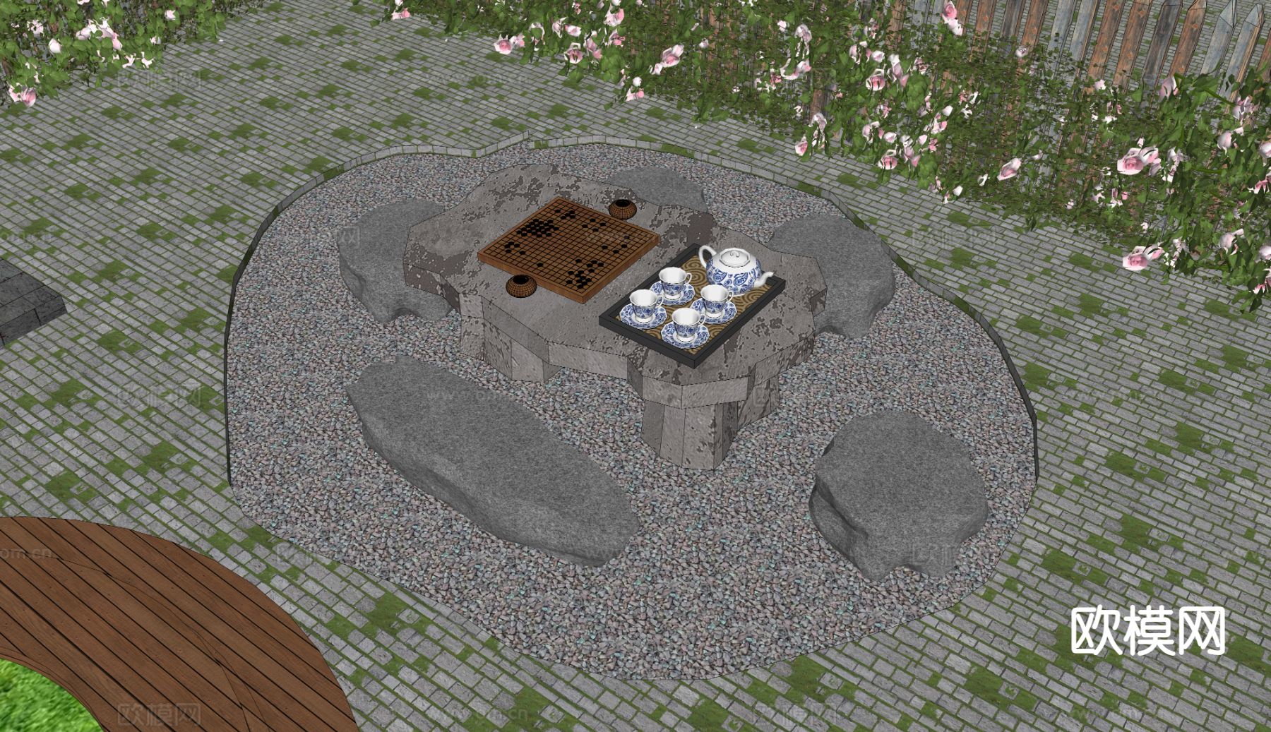 户外桌椅 石头桌椅su模型