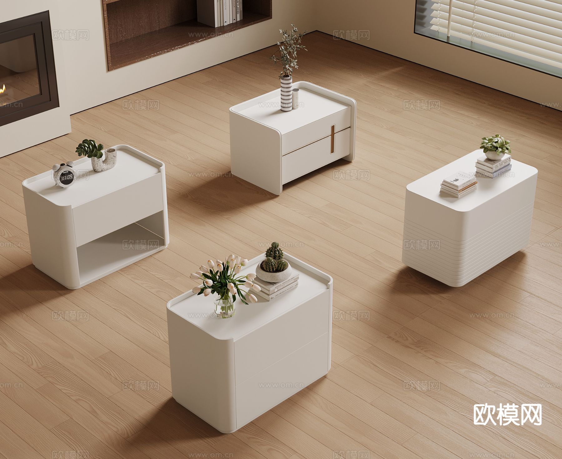 奶油风床头柜su模型下载（渲染图2）