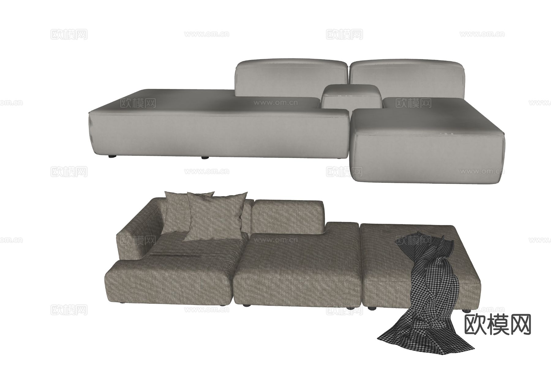 奶油风多人沙发su模型下载（渲染图1）