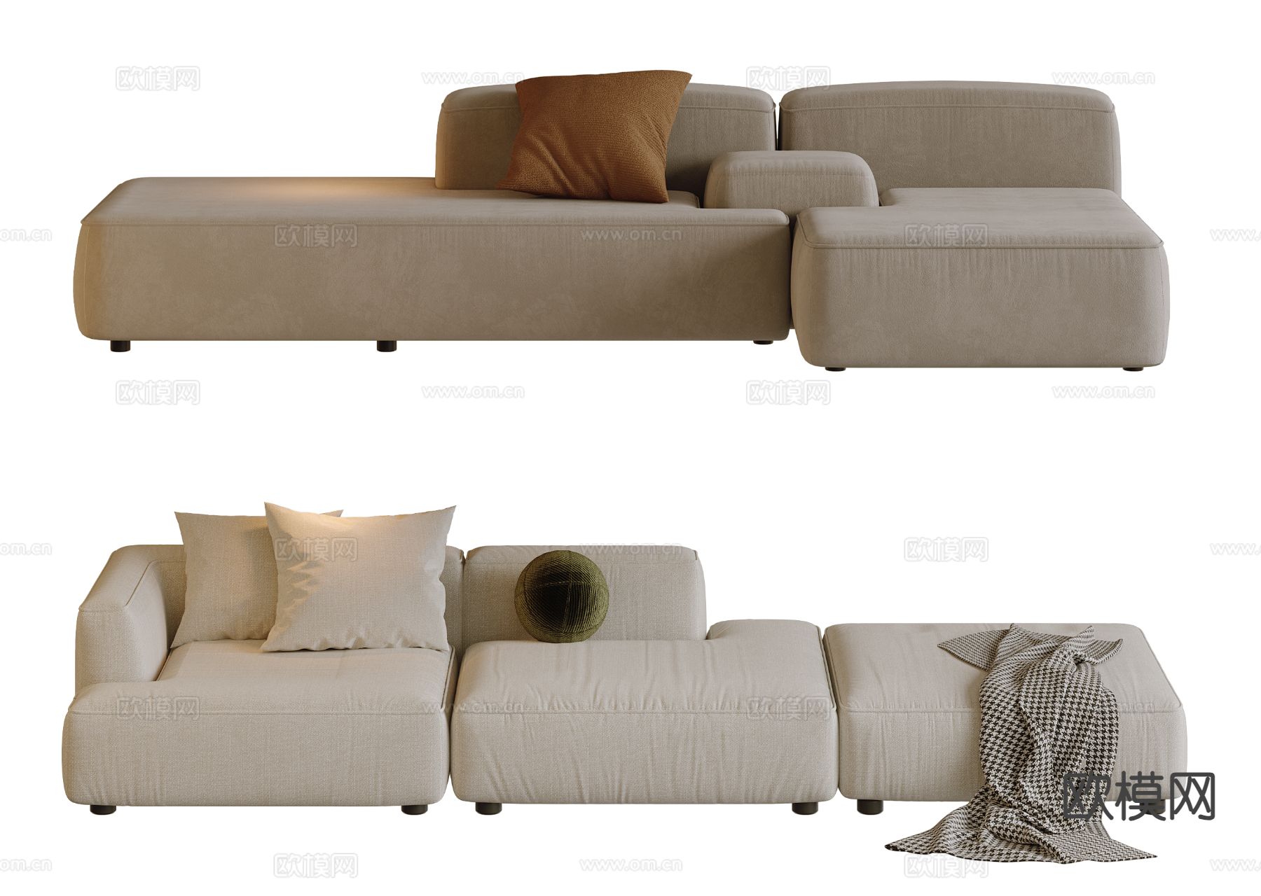 奶油风多人沙发su模型下载（渲染图2）