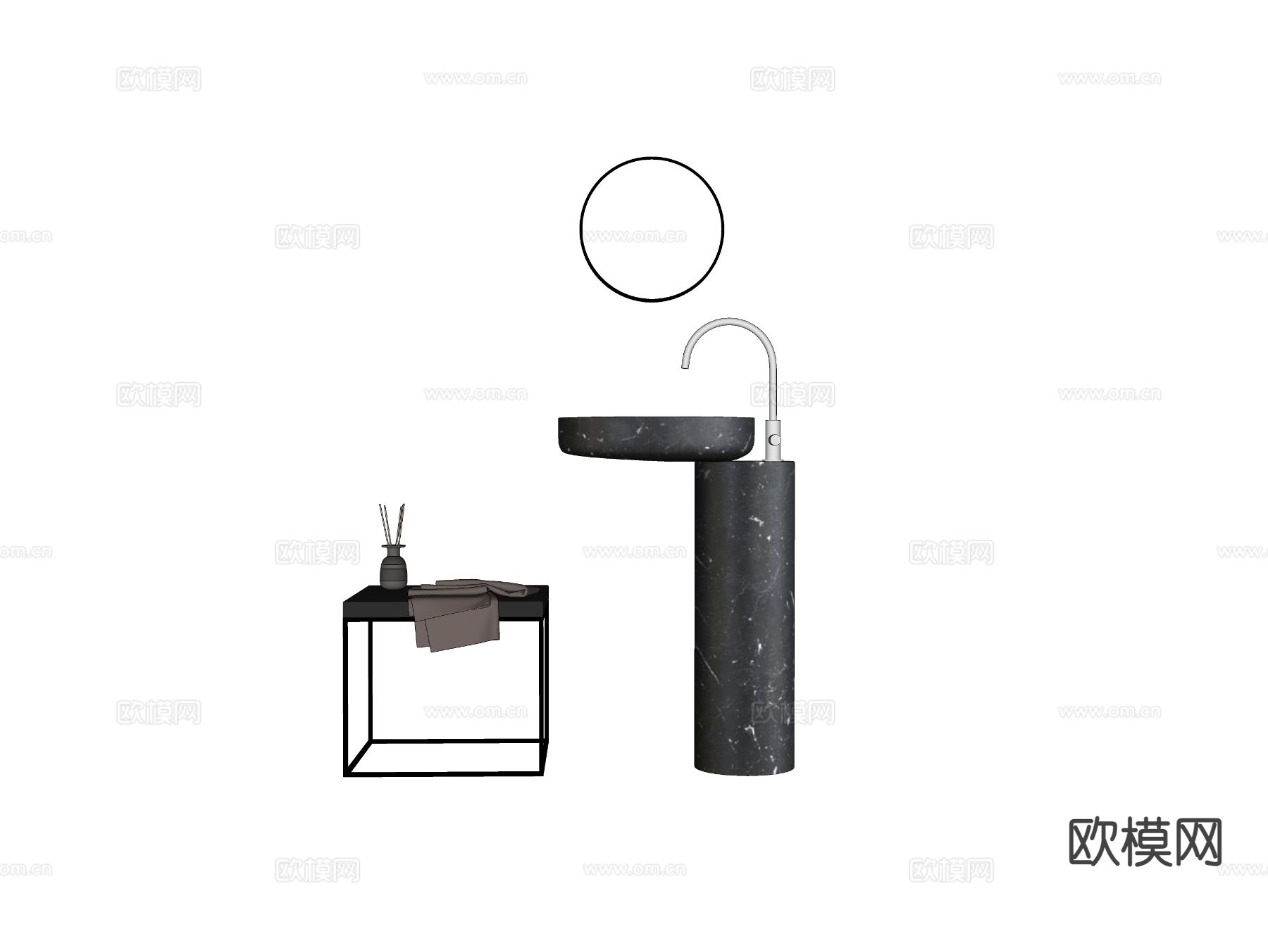 立式台盆 洗手台 柱盆 浴室镜su模型下载（渲染图1）