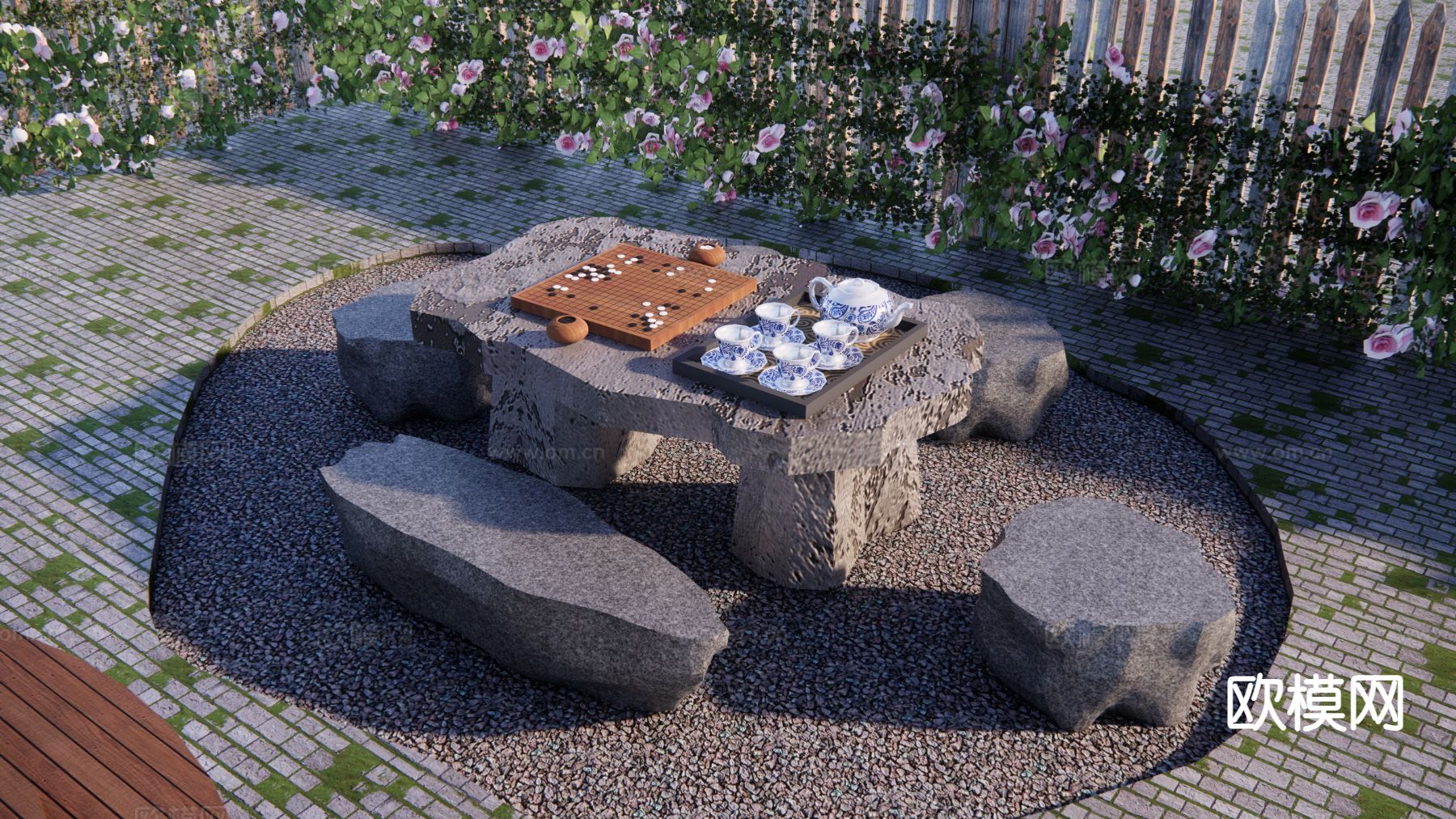户外桌椅 石头桌椅su模型