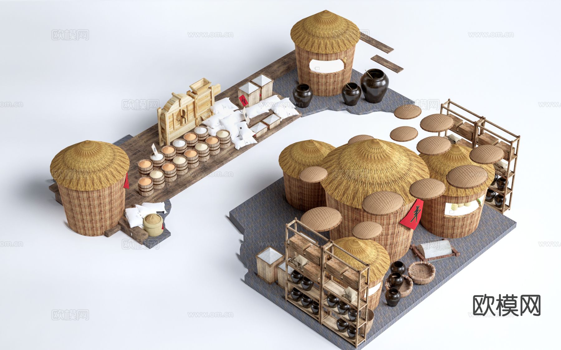 民俗用品 竹筐 酒罐 米桶su模型下载（渲染图2）