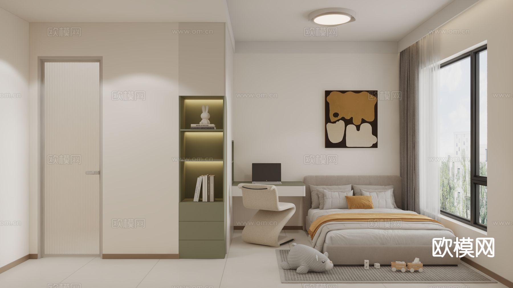 奶油风客餐厅3d模型下载（渲染图2）