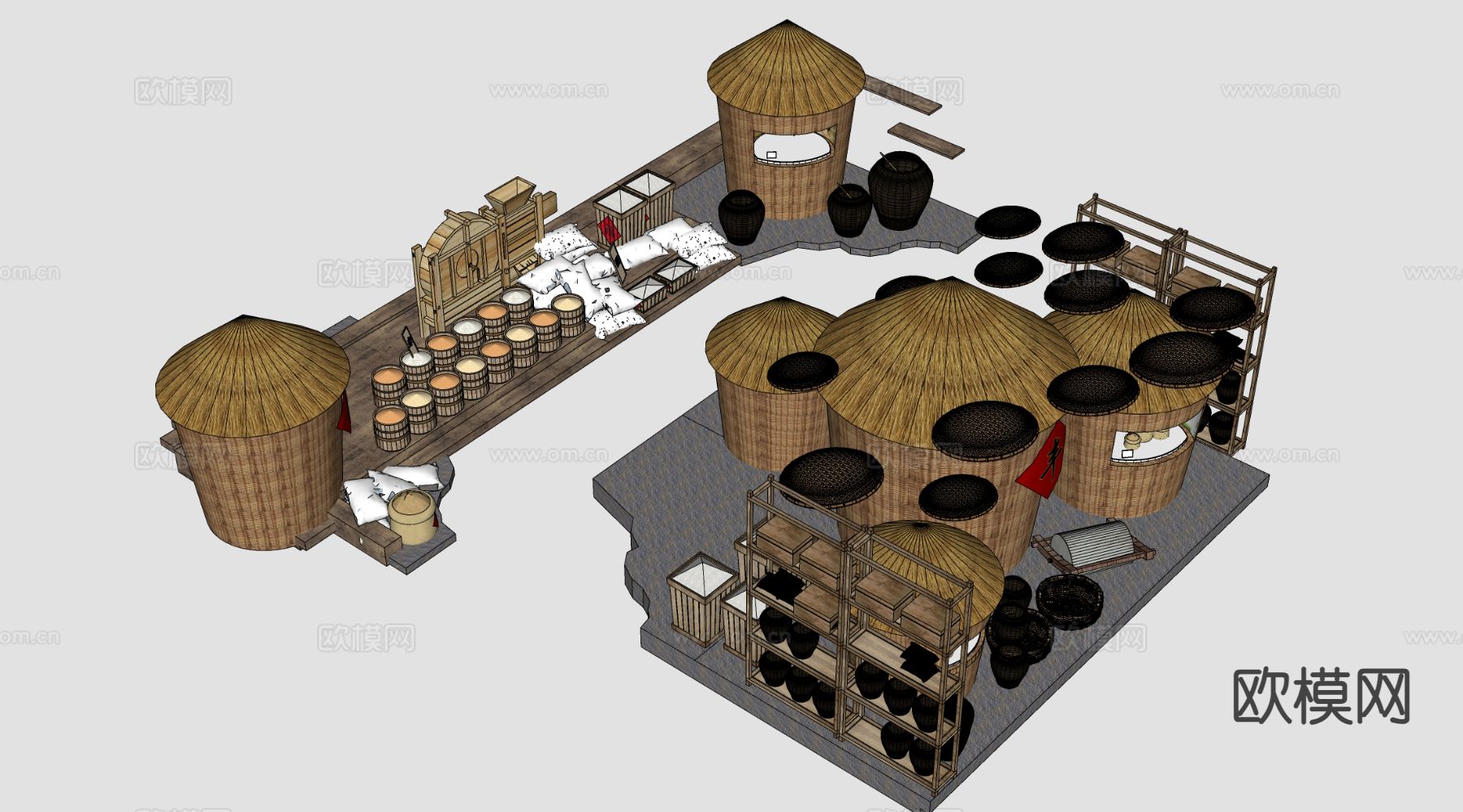 民俗用品 竹筐 酒罐 米桶su模型下载（渲染图1）