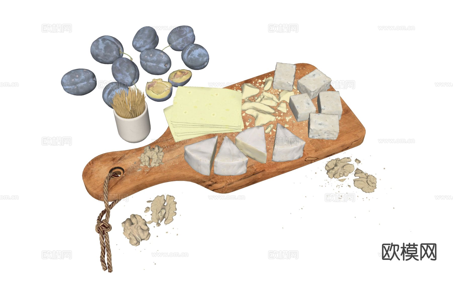 食物西梅 核桃  砧板 奶酪麻绳su模型下载（渲染图1）