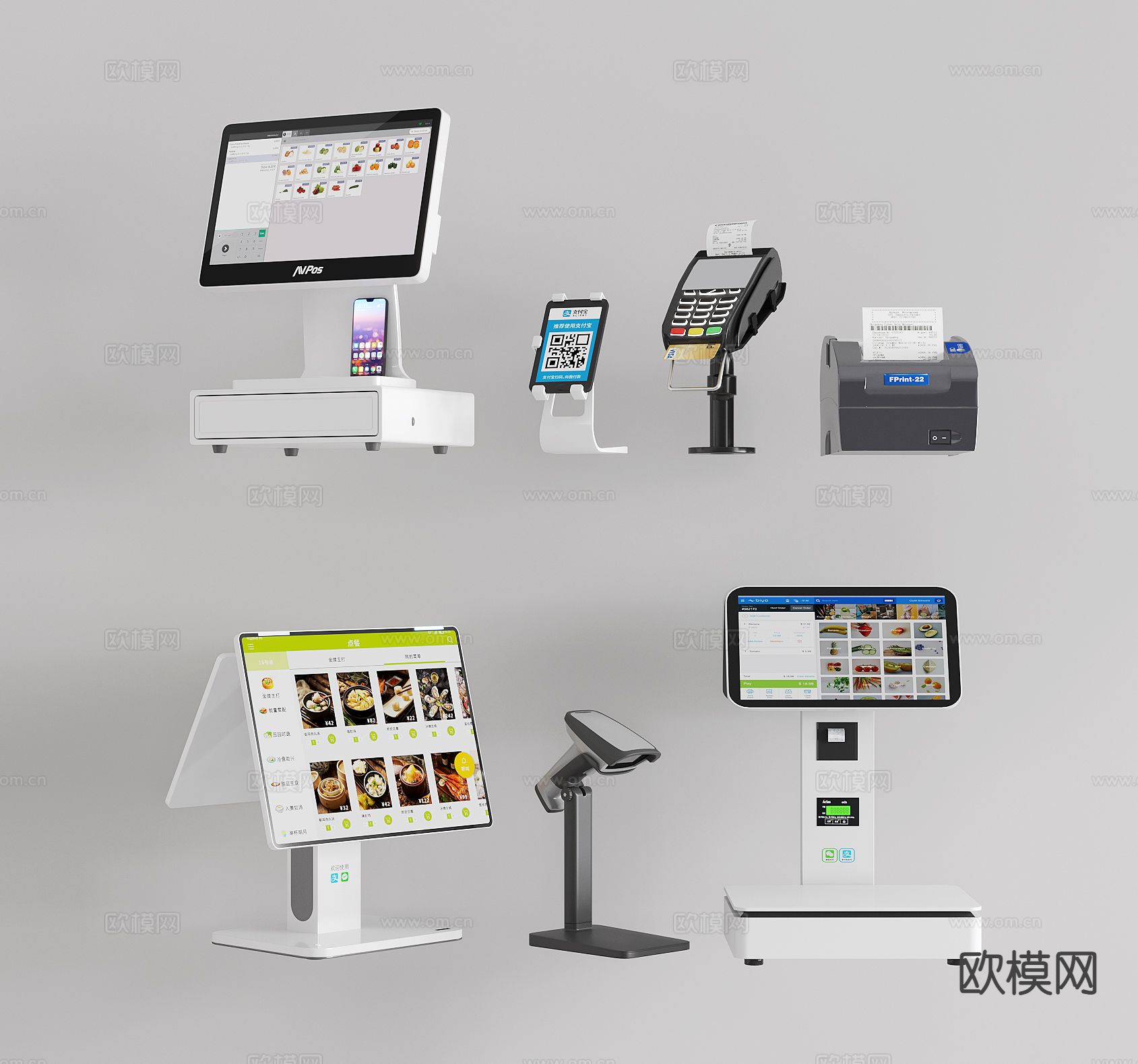 收银机 收银秤 电子秤 二维码 扫码器 刷卡器 POS机3d模型下载