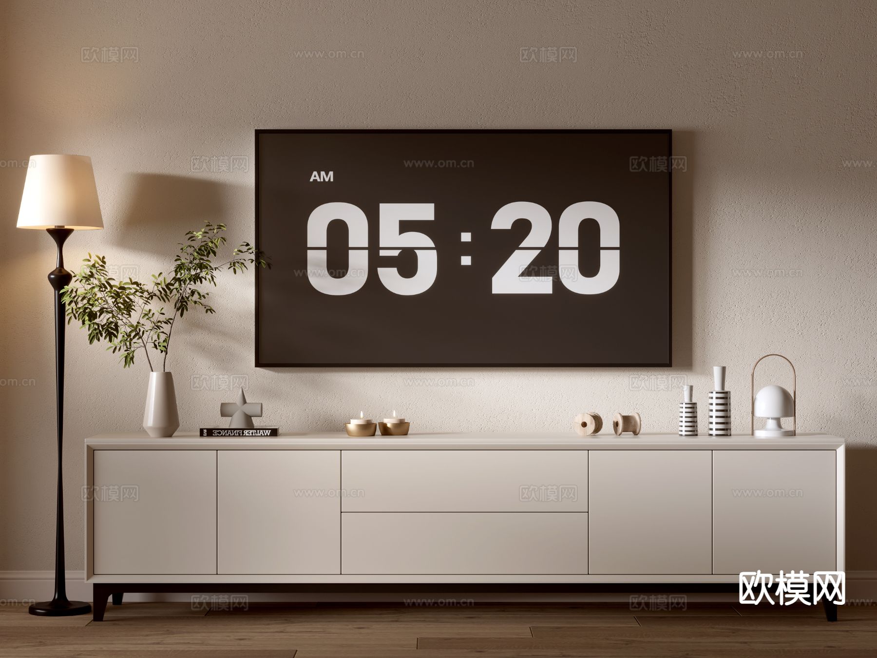 奶油风电视柜su模型下载（渲染图2）