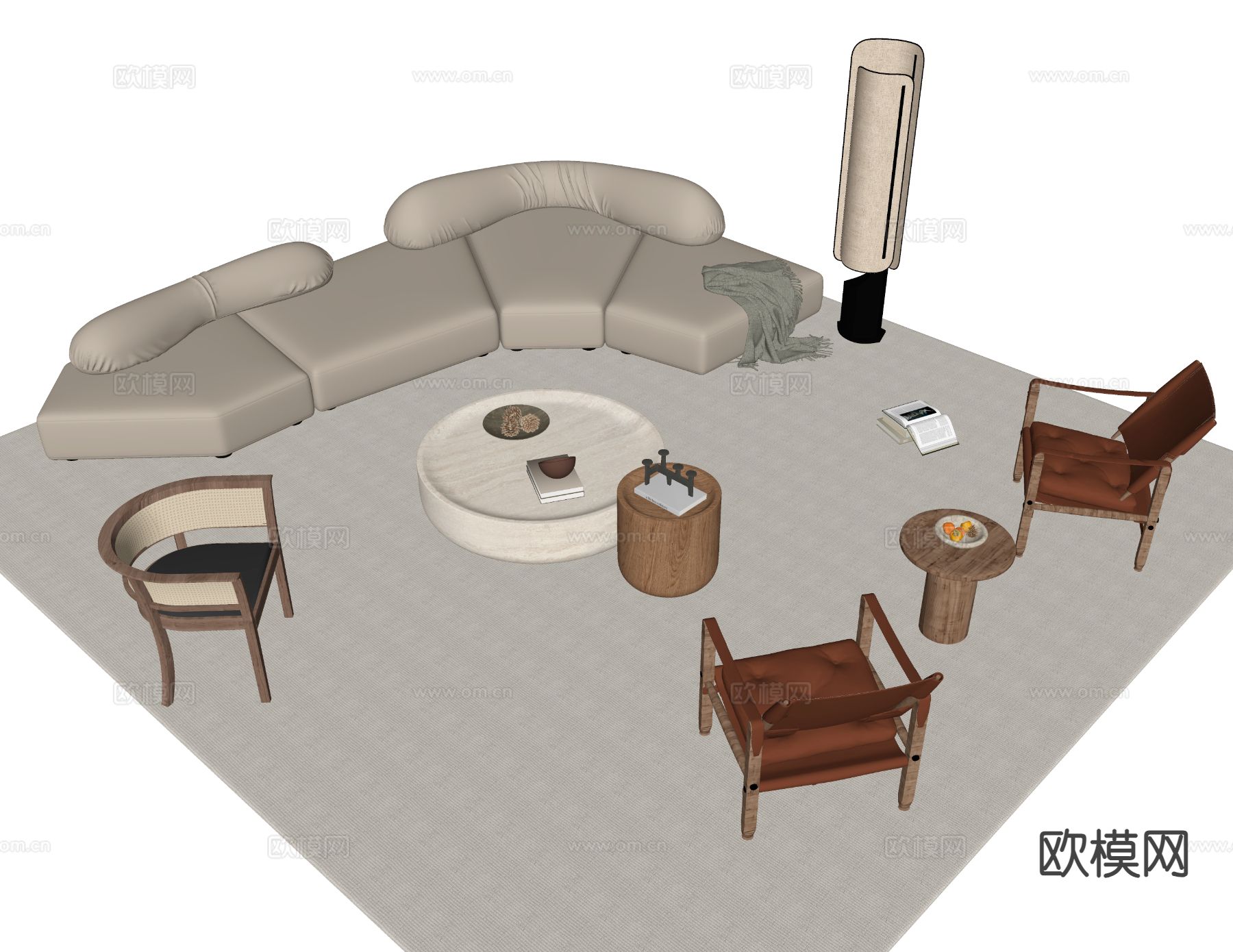 中古风组合沙发 弧形沙发su模型下载（渲染图1）