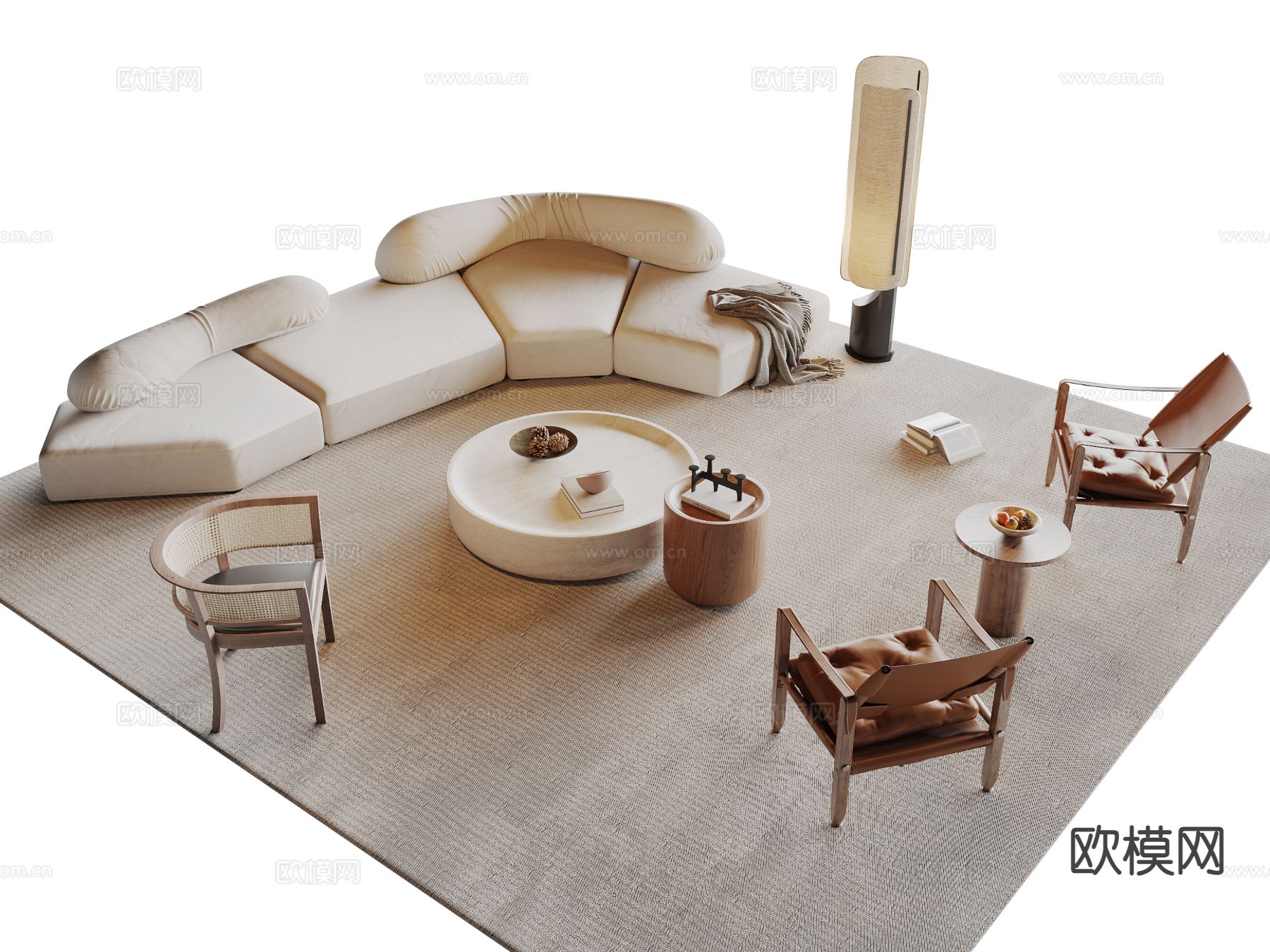 中古风组合沙发 弧形沙发su模型下载（渲染图2）