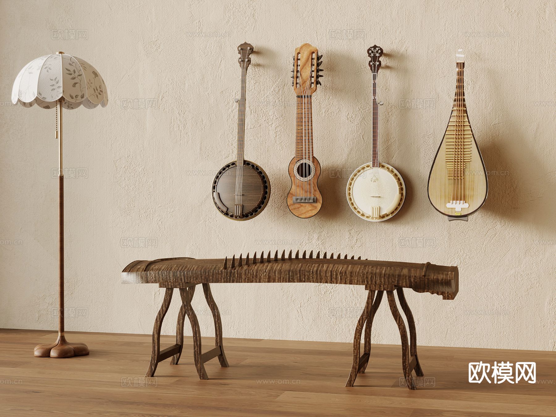 新中式古筝 琵琶 传统乐器su模型下载（渲染图2）