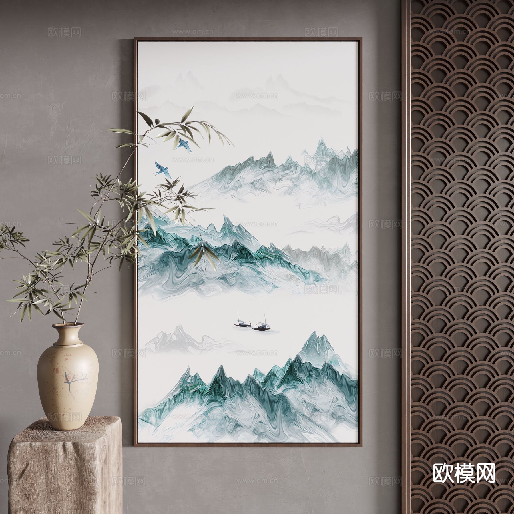 新中式山水画 艺术画 装饰画 挂画su模型下载（渲染图2）