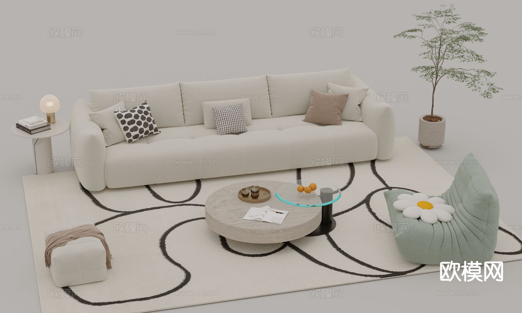奶油风组合沙发su模型下载（渲染图2）