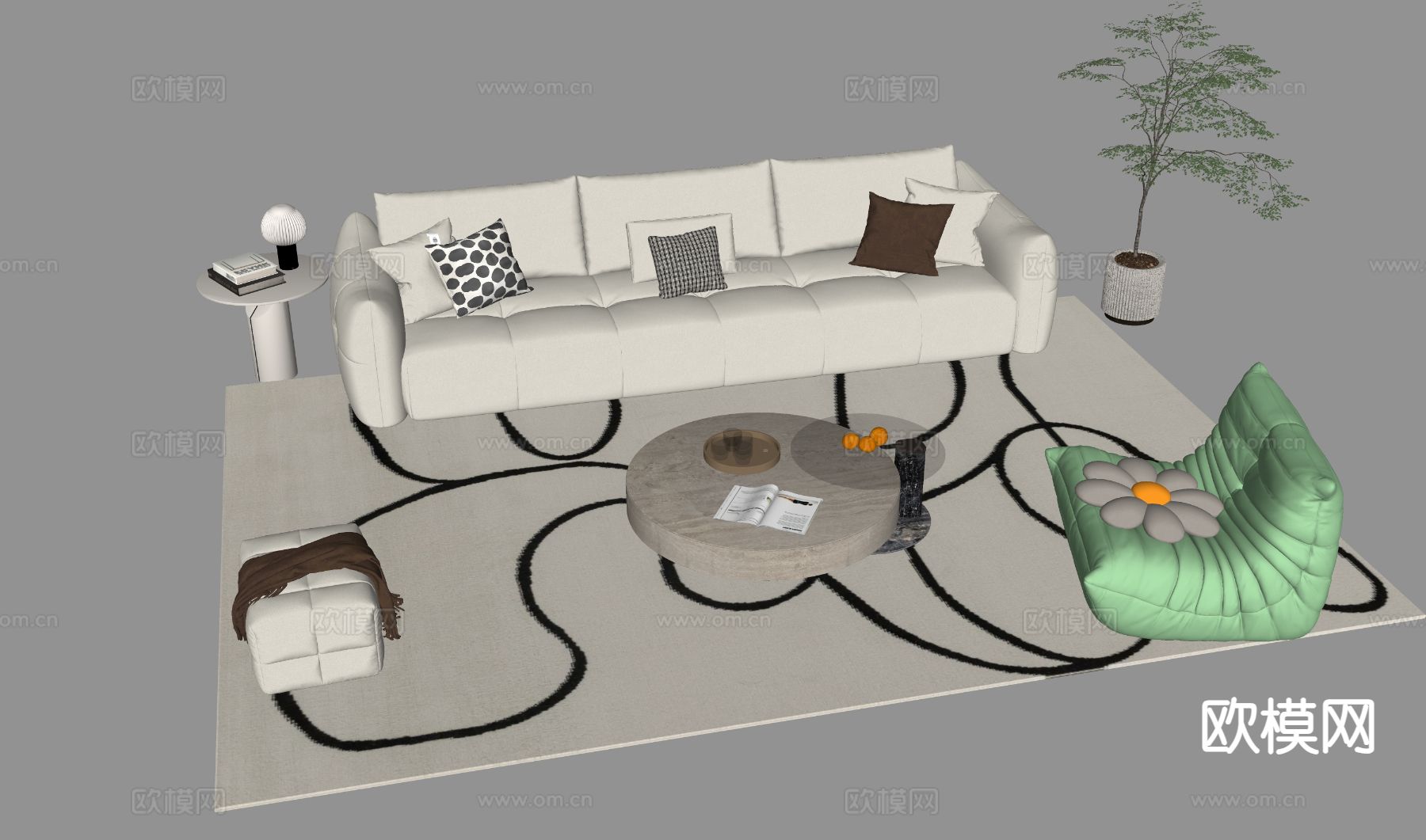 奶油风组合沙发su模型下载（渲染图1）