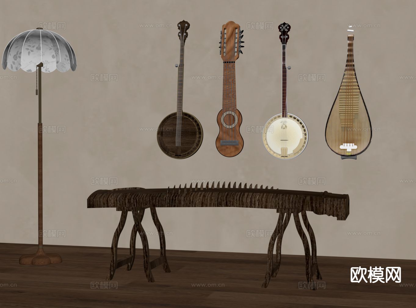 新中式古筝 琵琶 传统乐器su模型下载（渲染图1）