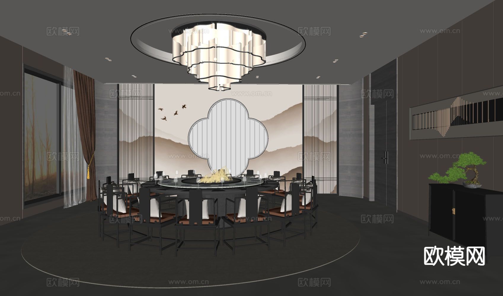 新中式餐厅包厢su模型下载（渲染图1）