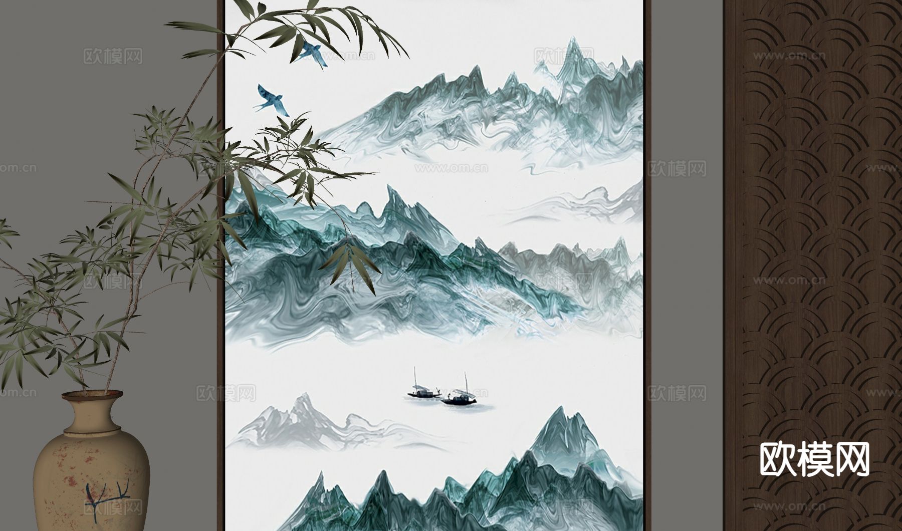 新中式山水画 艺术画 装饰画 挂画su模型下载（渲染图1）