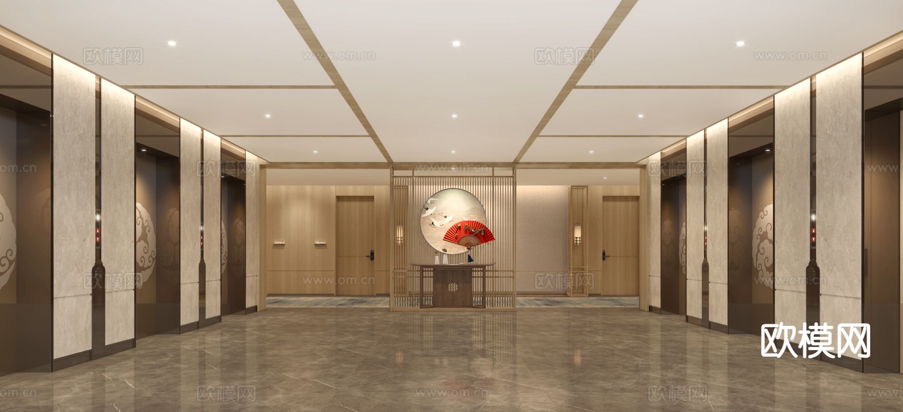 新中式酒店电梯厅 走廊3d模型下载（渲染图1）