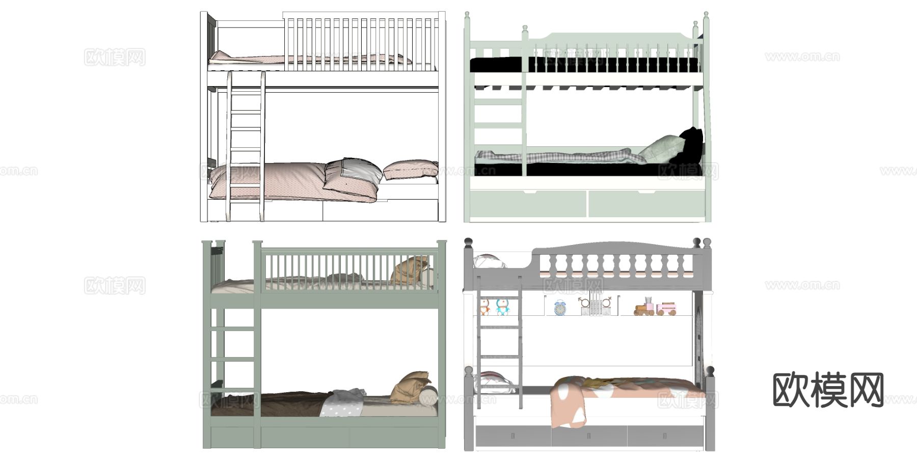 现代上下床 儿童床su模型下载（渲染图1）