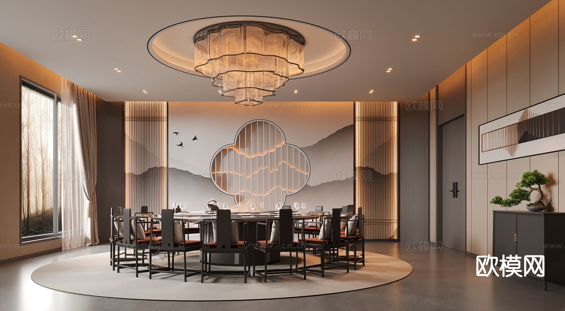 新中式餐厅包厢su模型下载（渲染图2）