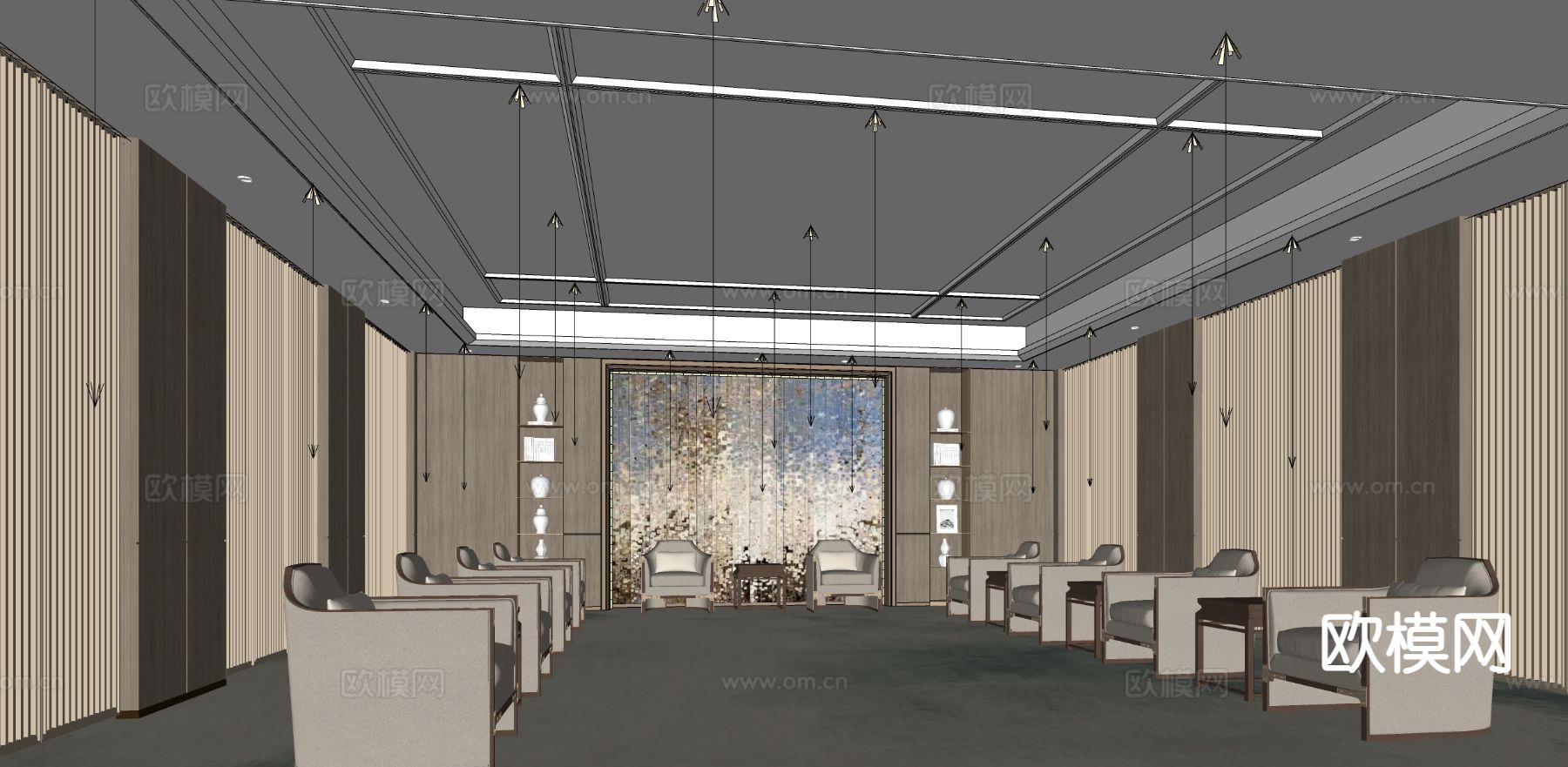 新中式会客厅 贵宾接待室su模型下载（渲染图1）