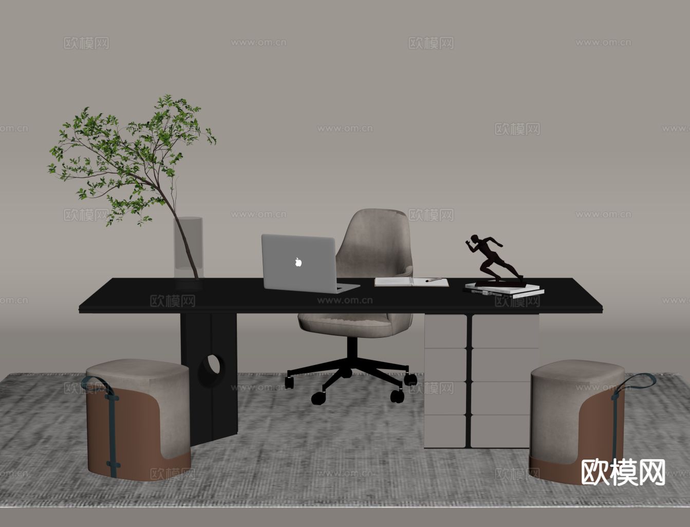 现代班台桌 大班台 老板桌su模型下载（渲染图1）