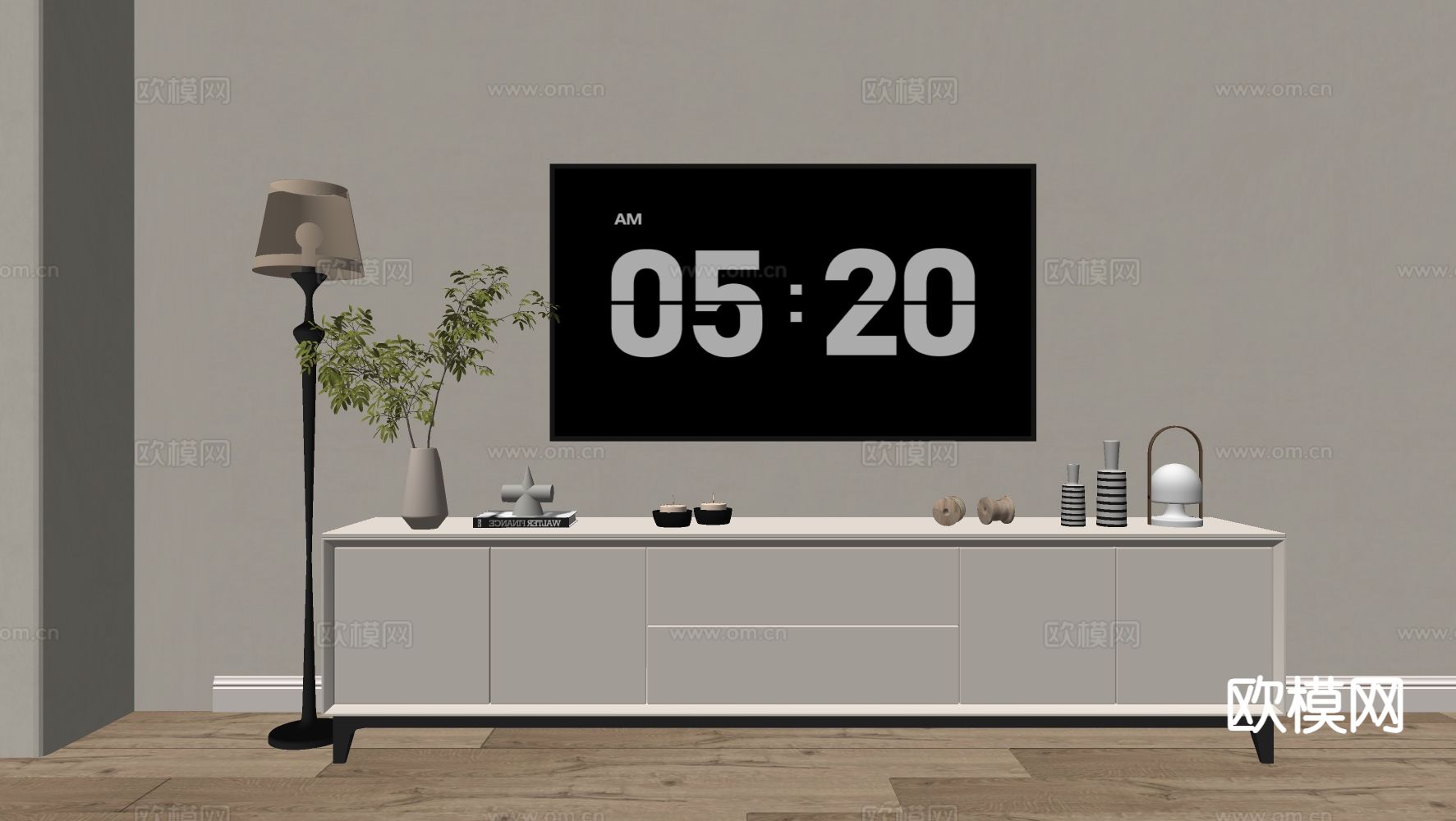 奶油风电视柜su模型下载（渲染图1）