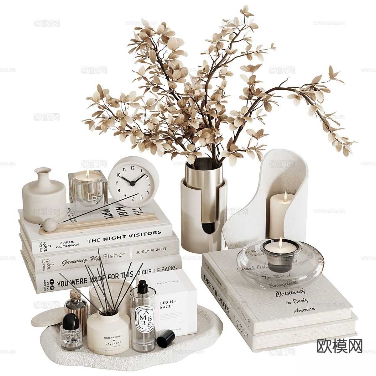 现代装饰品 摆件 书籍 花瓶3d模型下载（渲染图1）