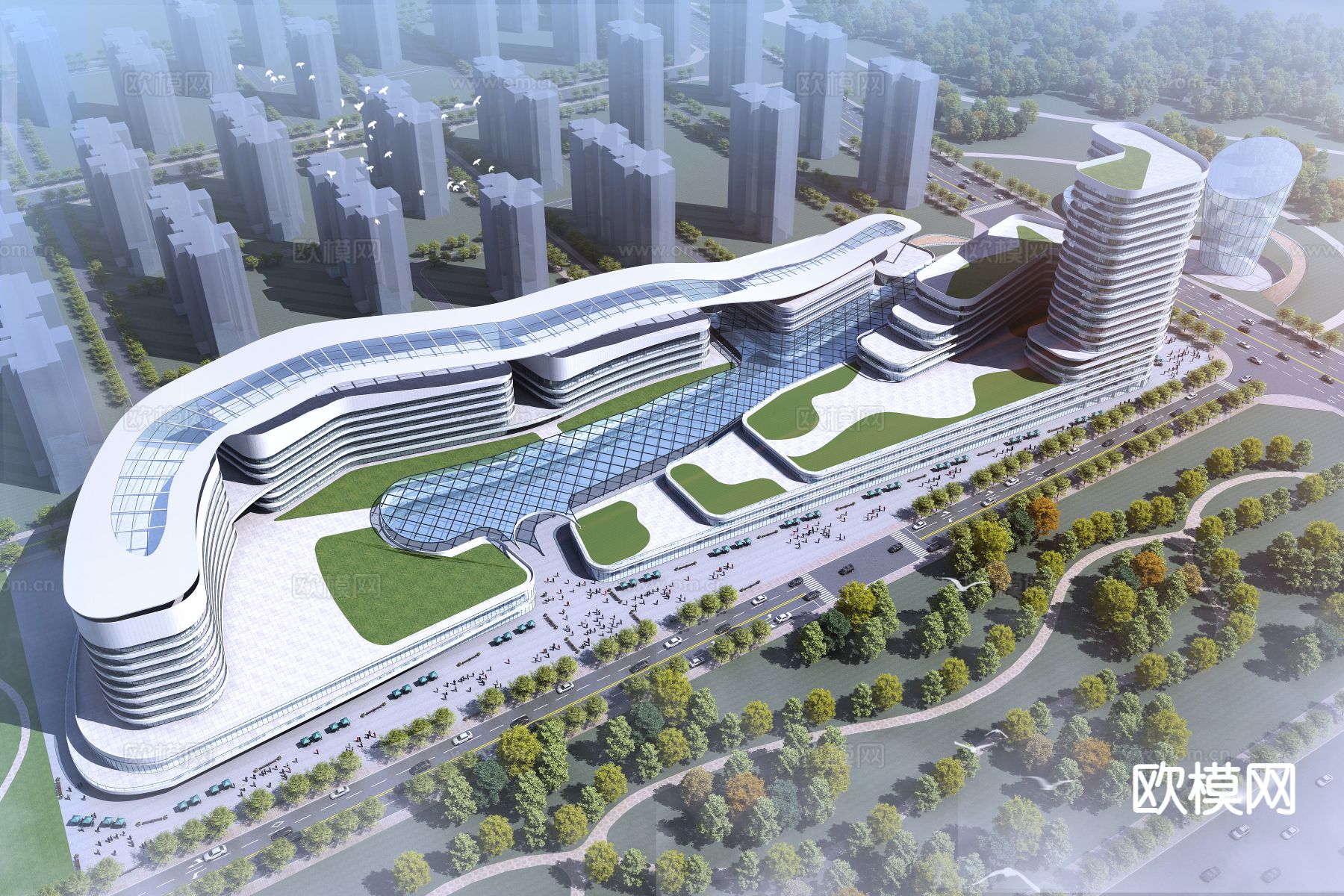 商业区鸟瞰 商业综合体su模型下载（渲染图2）