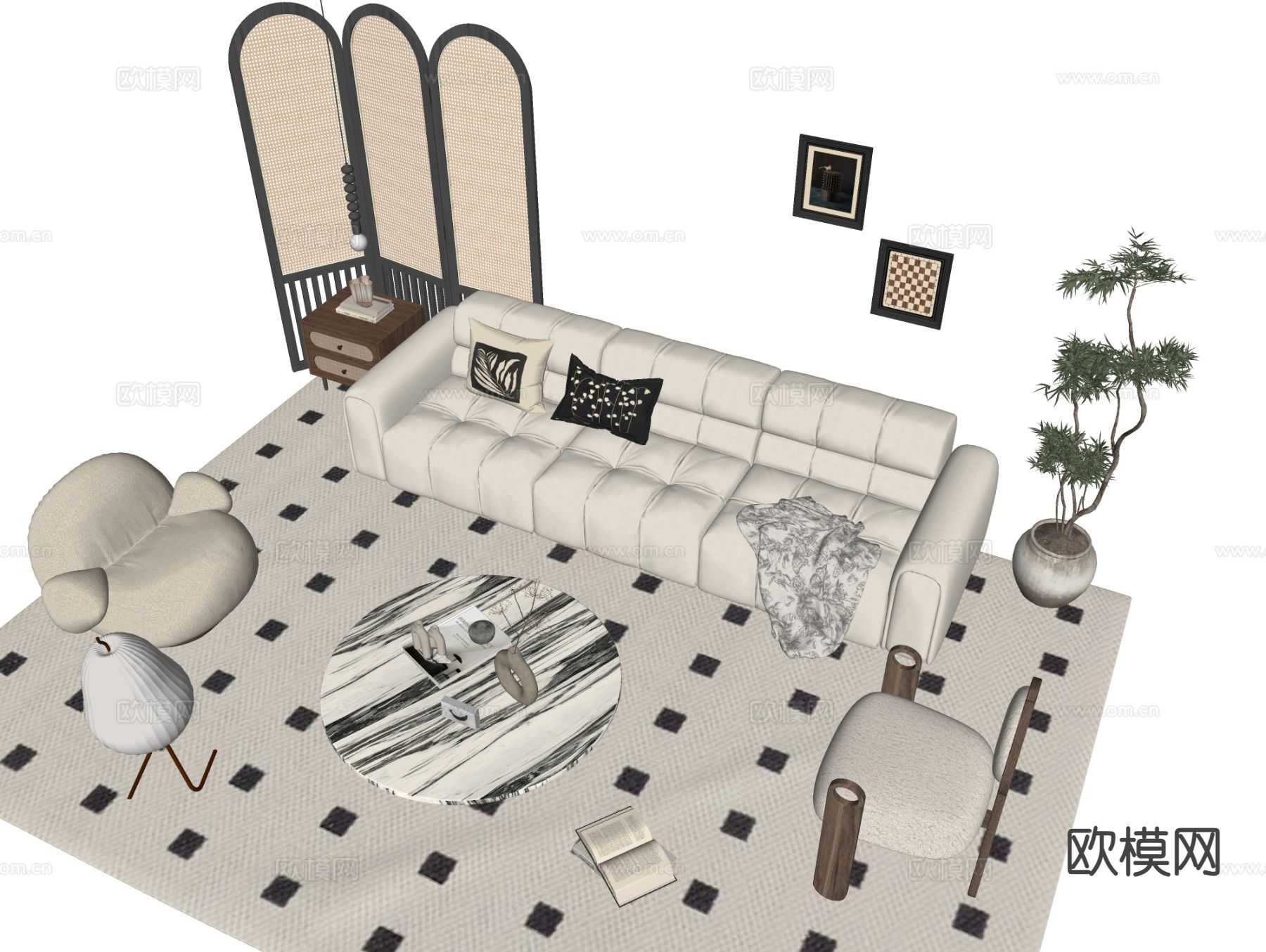 中古风组合沙发su模型下载（渲染图1）