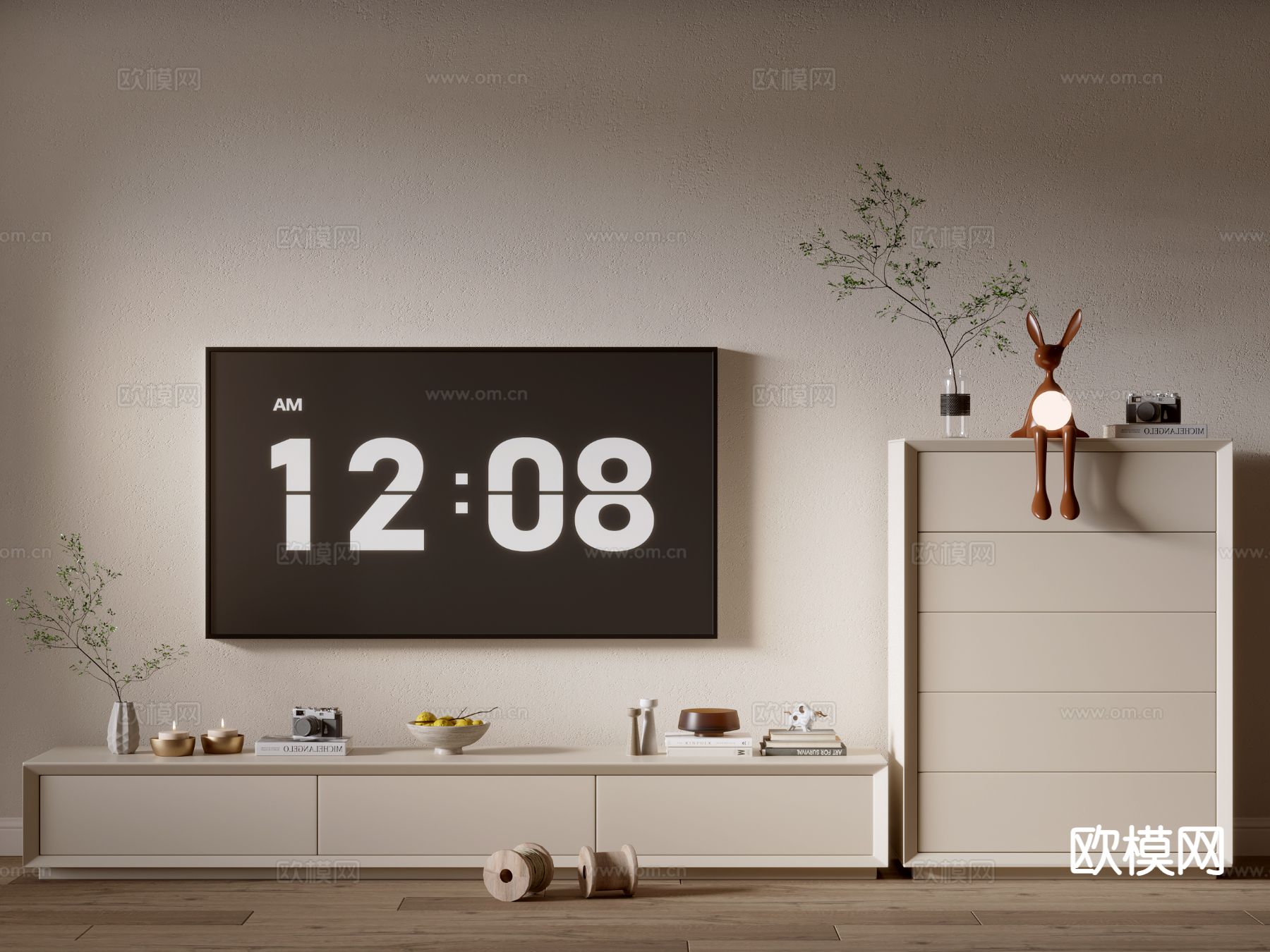 奶油风电视柜su模型下载（渲染图2）