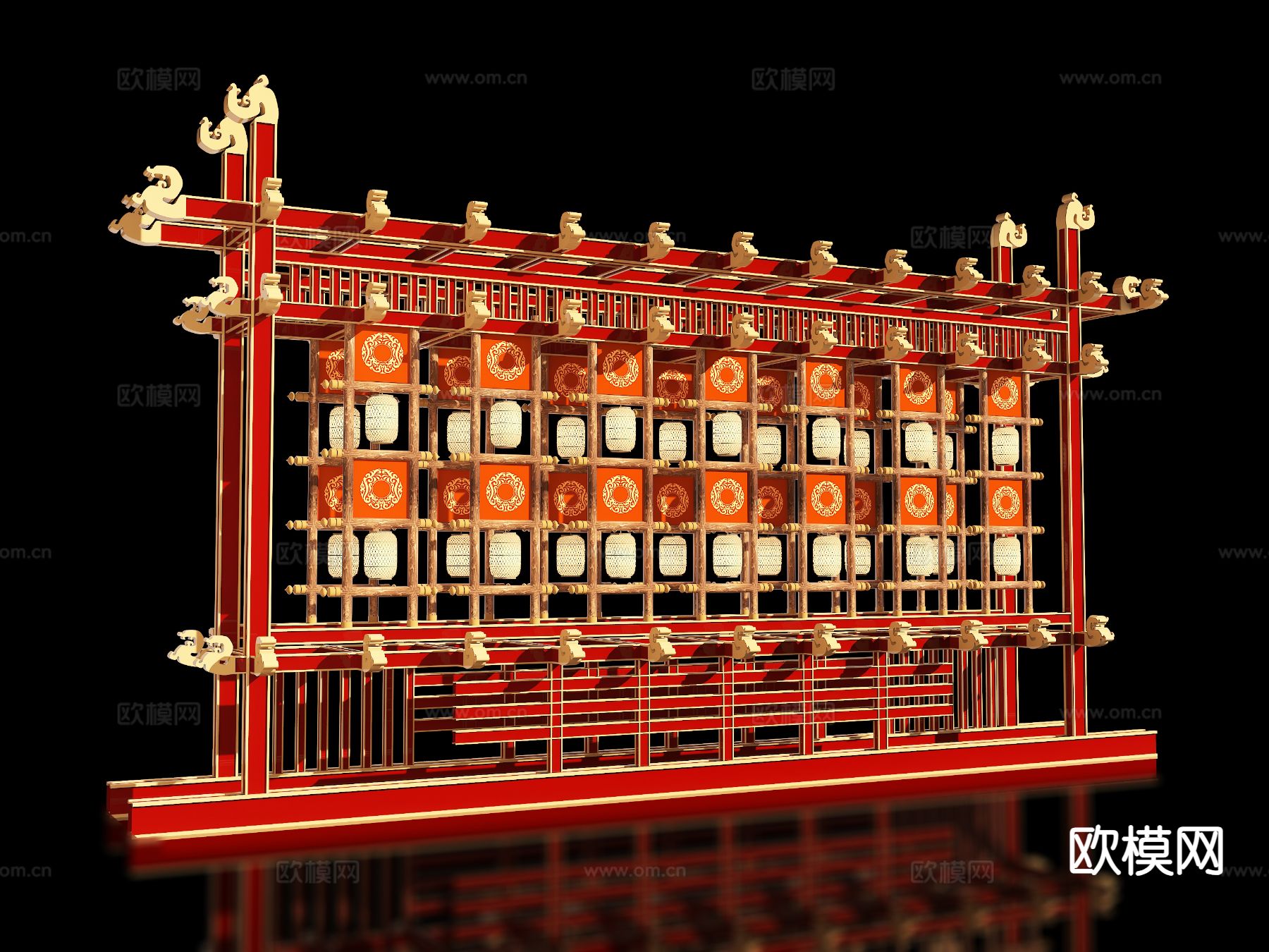 新中式灯墙美陈 灯笼打卡墙 户外装置 景区美陈3d模型