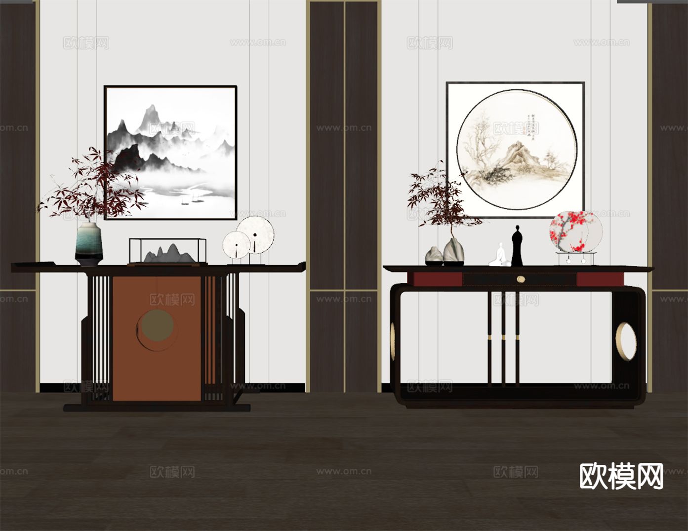 新中式端景台 玄关台 条案su模型下载（渲染图1）