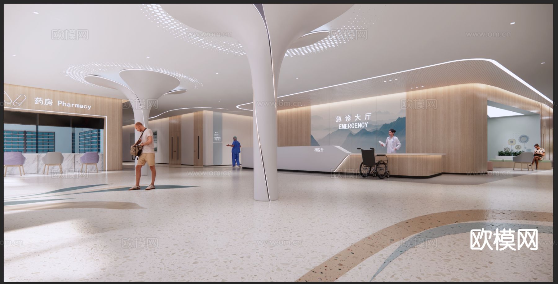 现代医院急诊大厅 大厅等候su模型下载（渲染图2）