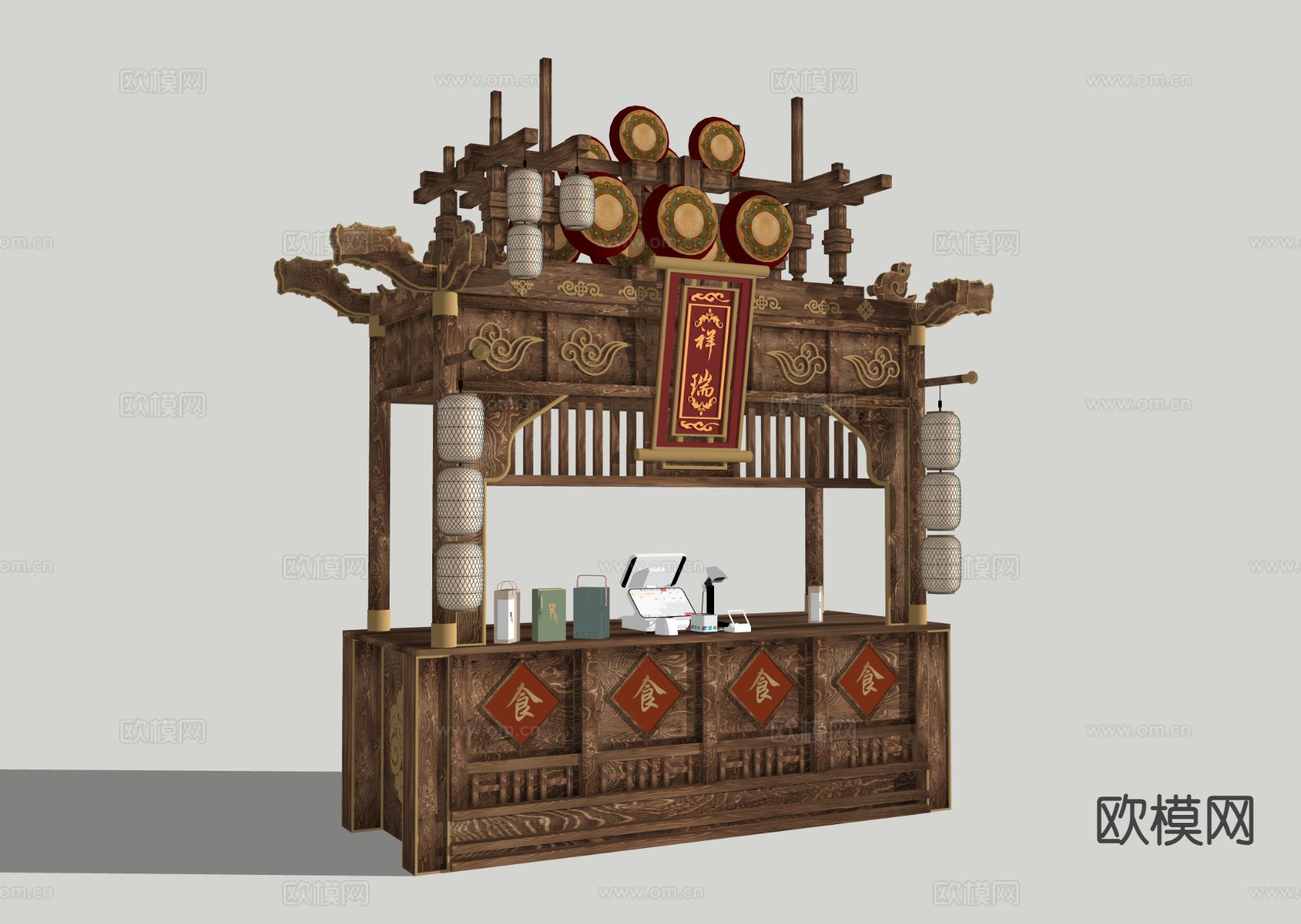 新中式摊位 售卖摊位 餐车su模型
