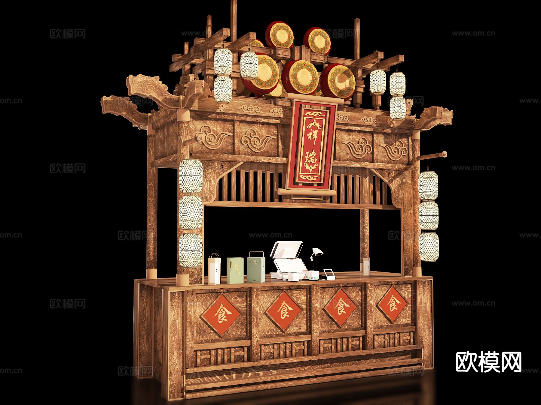 新中式摊位 售卖摊位 餐车su模型