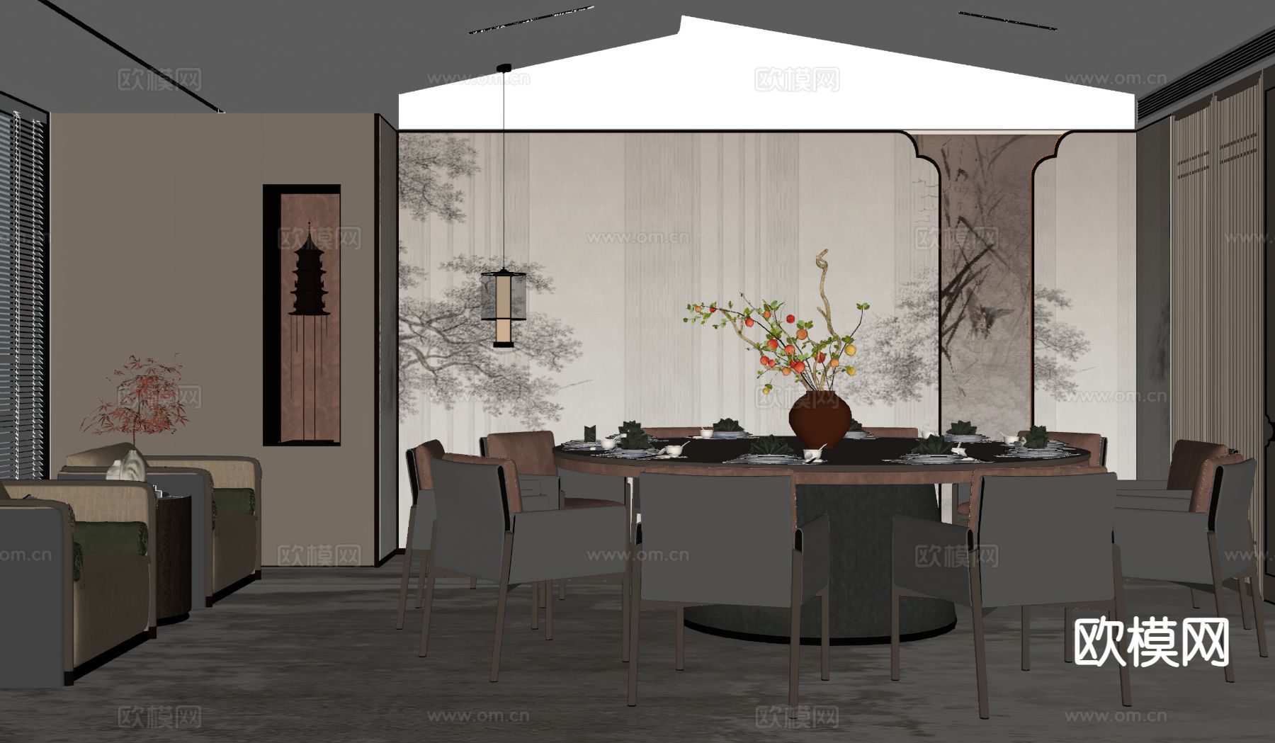 新中式餐厅包间su模型下载（渲染图1）